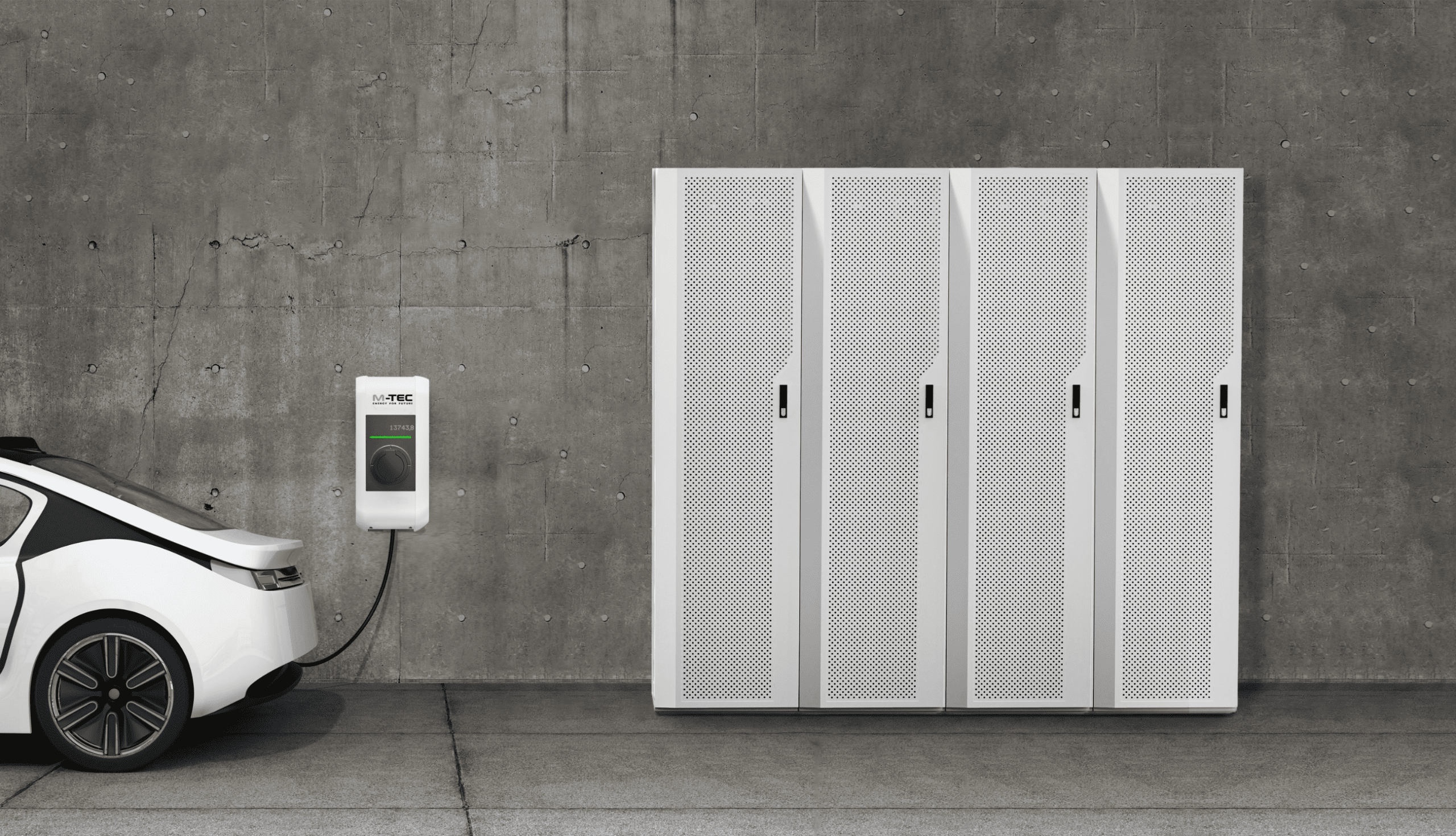 Une installation pour le bloc énergétique avec toutes ses unités et une voiture en train de charger.