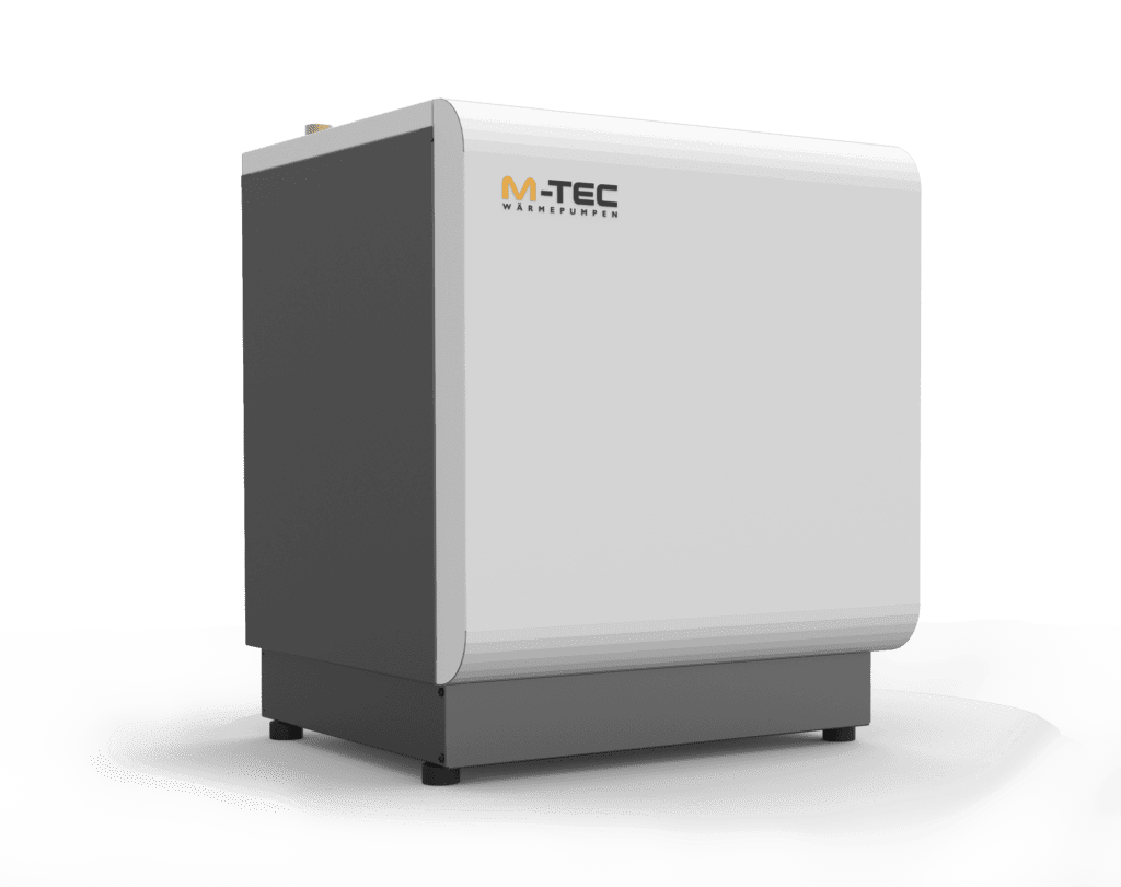 Le petit module de la famille des pompes à chaleur M-TEC avec des couleurs claires et le logo au sommet